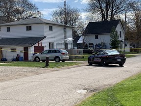 Chatham-Kent police are shown in the area of Church Street and Lumley Street in Blenheim on April 22. Braedon Burk, 20, of Blenheim, later died from gunshot injuries. Two Windsor men, Chad Coupe and Darius White, both face a charge of second-degree murder and attempted murder in connection to the shooting on April 21. (Ellwood Shreve/The Daily News)