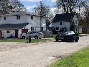 Chatham-Kent police are shown in the area of Church Street and Lumley Street in Blenheim on April 22. A 20-year-man is dead and two men are in custody after a shooting on April 21, said police. (Ellwood Shreve/The Daily News)