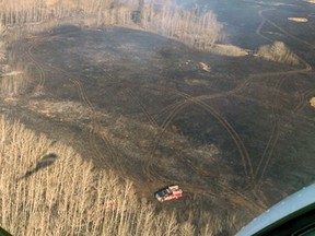 An aerial view of a 50 hectare wildland fire over Parkland County yesterday. Due to extremely dry conditions in recent days, Parkland County is now under a complete fire ban.