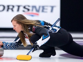 Rachel Homan skips a rock down the ice April 15 at the Humpty's Champions Cup in Calgary.  Grand Slam of Curling / Sportsnet