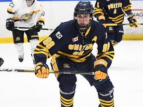 Nolan Collins competes with the Whitby Wildcats at the Gloria Rints Memorial International Silver Stick at Iroquois Park Sports Complex in Whitby, Ontario on November 28, 2019.