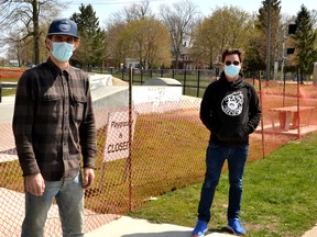 Local skateboarder and architectural-design student Adam Hendrik and Bruce Whitaker, the man who led the community effort to build Stratford’s All-Wheels Park a few years ago, stand in front the skate park on Downie Street Friday afternoon. The All-Wheels Park is closed for the next month as the park is upgraded to improve the flow of skaters, bikers and scooter-riders through many of the park’s features. Galen Simmons/The Beacon Herald/Postmedia Network