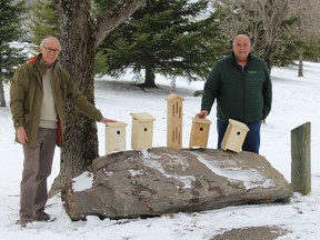 Wintergreen member Kees Pols, left, and Brian Fietz, EACOM’s production manager at its Timmins sawmill, examine some of the swallow houses built by Timmins High & Vocational School Grade 10 students that are being placed around the Gillies Lake conservation area, as well as one of the butterfly houses (centre) constructed by O’Gorman Intermediate Catholic School students. SUBMITTED PHOTO