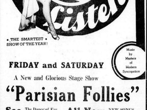 We have no photos of Timmins’ own “Lady Godiva,” but an ad for the “Parisian Follies,” a musical revue performed at the Palace Theatre in 1936. SUBMITTED PHOTO