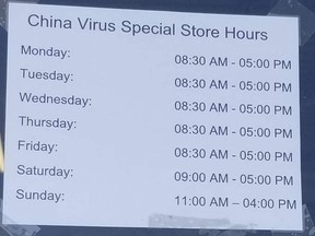A sign seen posted at Kitchenomics in North Bay labelled “China Virus Special Store Hours.” The sign has since been removed and the storeowner has apologized. Facebook Photo