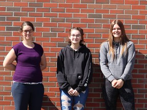 J.C. Charyk math teacher Brandi Lee,  Faith Kurbis and Veronica Pedersen were part of the team, including Ryan Nikota, not pictured, who took part in the Alberta High School Math competiton and recieved the Geoff Butler Memorial Prize.