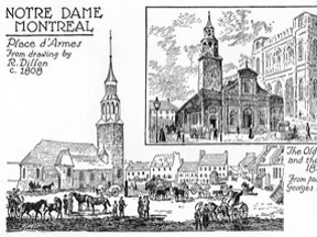 •	Acc. No. 1972-26-735 Library and Archives Canada, C.W. Jeffreys illustration from The Picture Gallery of Canadian History Volume ll, p.148: The illustrations are of amateur artist Richard Dillon’s c.1808 drawing of Notre Dame in Montréal’s Place d’Armes and painter George Delfosse’s 1829 painting of the Old Church and the New.