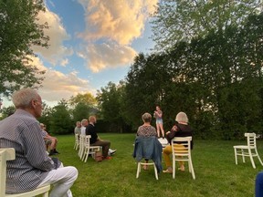 The Here for Now Theatre Company has announced eight brand-new plays that debut during the company's 2021 New Works Festival in the backyard of The Bruce Hotel. Pictured, a socially distanced audience watches last year's production of A Hundred Words for Snow. (Submitted photo)