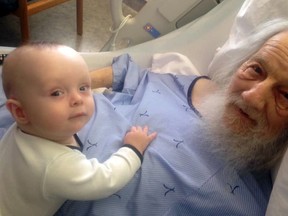 Doug Hook receives a special visitor at Sault Area Hospital: his grandson Theodore Hook. Hook had a special bond with Theodore, spending the first six months of the infant’s life with him in Burk’s Falls, Ont., where Hook’s son, Colin, and daughter-in-law, Alisha, live. Facebook photo