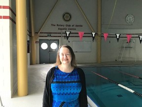 The YMCA of Southwestern Ontario’s development officer Tracy Ranick stands beside the pool in Sarnia’s Jerry McCaw Family Centre. The Rotary Club of Sarnia recently gave the YMCA a grant to fund swimming lessons for 50 children at the pool. Handout/Sarnia This Week