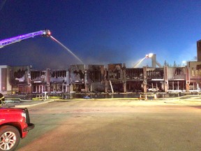 Strathcona County RCMP received a 911 call at about 12:30 a.m. Saturday, April 24, of a fully engulfed structure fire at Chopped Leaf on Sherwood Drive, just off Wye Road. The fire destroyed six businesses in that strip mall. Photo Supplied