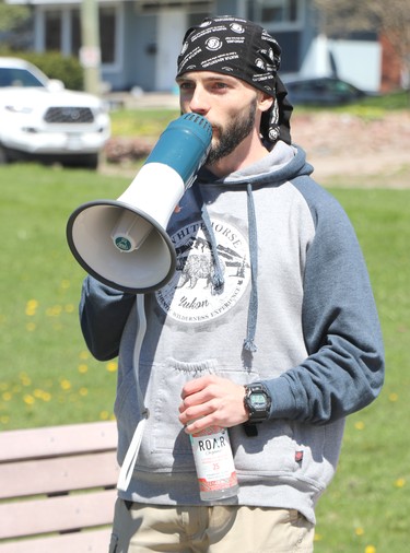 Frasier Keany speaks at Stand for Freedrom demonstration at Bellevue Park in Sault Ste. Marie, Ont., on Friday, April 30, 2021. (BRIAN KELLY/THE SAULT STAR/POSTMEDIA NETWORK)