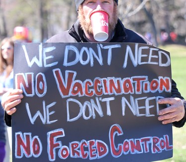 Stand for Freedrom demonstration at Bellevue Park in Sault Ste. Marie, Ont., on Friday, April 30, 2021. (BRIAN KELLY/THE SAULT STAR/POSTMEDIA NETWORK)