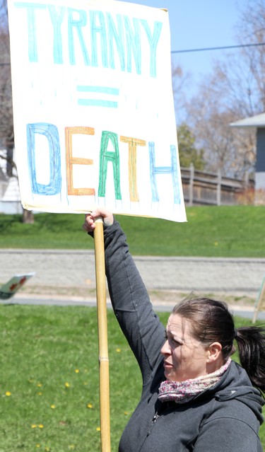 Stand for Freedrom demonstration at Bellevue Park in Sault Ste. Marie, Ont., on Friday, April 30, 2021. (BRIAN KELLY/THE SAULT STAR/POSTMEDIA NETWORK)