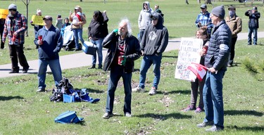 Stand for Freedrom demonstration at Bellevue Park in Sault Ste. Marie, Ont., on Friday, April 30, 2021. (BRIAN KELLY/THE SAULT STAR/POSTMEDIA NETWORK)