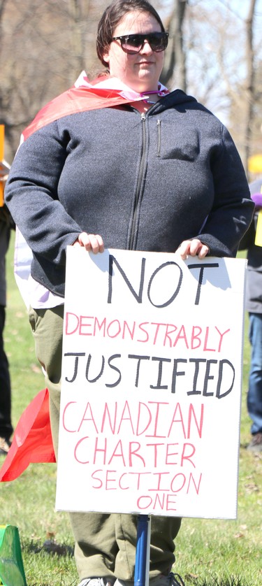 Stand for Freedrom demonstration at Bellevue Park in Sault Ste. Marie, Ont., on Friday, April 30, 2021. (BRIAN KELLY/THE SAULT STAR/POSTMEDIA NETWORK)