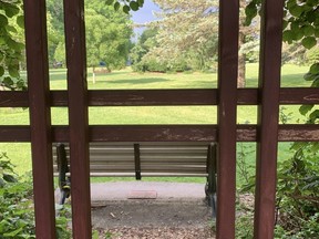 BEST SEAT IN CITY, PERHAPS
A park bench in London's beautifully maintained rose gardens provides an ideal   perch to ponder the next few months of summer. Located at the west corner of Springbank Drive and Wonderland Road, the gardens are also a popular spot for wedding and prom photographs.
BARBARA TAYLOR/LONDON FREE PRESS