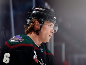 Jakob Chychrun of the Arizona Coyotes warms up before the NHL game against the San Jose Sharks at Gila River Arena on January 14, 2021, in Glendale, Arizona. (Photo by Christian Petersen/Getty Images)