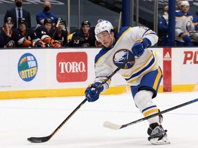 Buffalo Sabres’ Brandon Montour shoots in the first period against the New York Islanders at Nassau Coliseum on March 6, 2021, in Uniondale, N.Y. (Bruce Bennett/Getty Images)