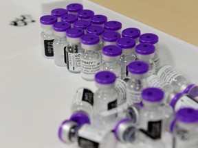 A picture shows vials of the Pfizer/BioNTech Covid-19 vaccine