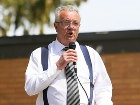 Independent MPP Randy Hillier speaks at an anti-lockdown protest at Tecumseh Park in Chatham, Ont., on Monday, April 26, 2021. (Mark Malone/Chatham Daily News)