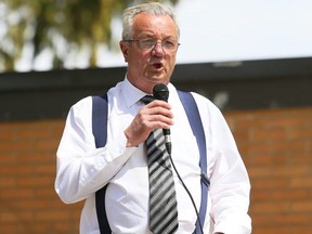Independent MPP Randy Hillier speaks at an anti-restrictions protest at Tecumseh Park in Chatham, Ont., on Monday, April 26, 2021. (Mark Malone/Postmedia Network)