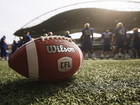 A new CFL ball is photographed at the Winnipeg Blue Bomber stadium in Winnipeg Thursday, May 24, 2018.