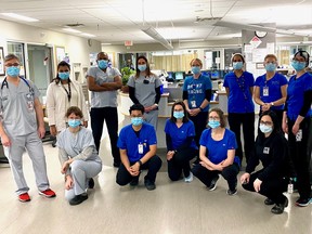 A group of staff from the critical care unit at the Brantford General Hospital. The facility has seen an increase in COVID-19 patients this week.