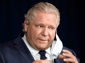 Ontario Premier Doug Ford announces an Ontario-wide stay-at home order will be put in place to combat an "alarming'' surge in COVID-19 infections during the daily briefing at Queen's Park in Toronto on Thursday April 1, 2021.