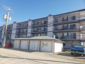 Multiple places have been spray painted with several messages by vandals in Nipawin, including the shed behind a ssenior's condominium downtown. Photo supplied.