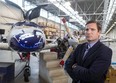 Diamon Aircraft CEO Scott McFadzean stands next to a flagship DA62 under construction at their Crumlin Sideroad facility on Thursday, April 29, 2021. The twin engine DA62 sells for about $2 million and will be subject to a new luxury tax introduced in the latest federal budget. The carbon fibre DA62 can be built to carry five or seven people and can cruise at 20,000 feet for up to 1,000 nautical miles. (Mike Hensen/The London Free Press)