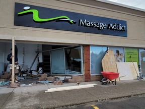 Late Saturday, a car crashed into the King George Road location of Massage Addict just minutes after staff left for the day.