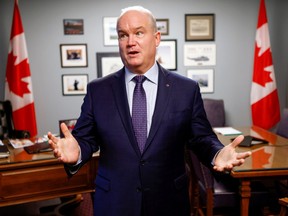 Conservative Party leader Erin O'Toole gestures as he speaks in Parliament Hill in Ottawa, Nov. 19, 2020.