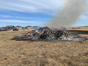 Two 13-year old boys have been charged with arson after the. destruction of 150 hay bales. Credit: Parkland RCMP.