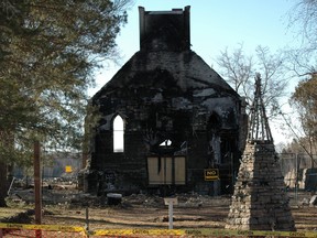 A lone wall is all that remains of the historic Saugeen First Nation Wesley United Church, after an arson fire destroyed it Sept. 28, 2020. Photo taken March 20, 2021. (Scott Dunn/The Sun Times/Postmedia Network)