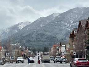 A quieter Banff Ave with less visitor traffic on April 25. Photo Marie Conboy/ Postmedia.