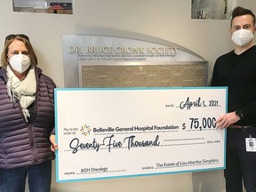 Cathie Sullivan, daughter of Mrs. Lisa Martha Simpkins, presents a cheque for $75,000, which her mother gifted in her will, to Belleville General Hospital Foundation Executive Director Steve Cook. SUBMITTED PHOTO