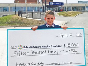 Dawson Mumby raised $15,040 for the Oncology Department at Belleville General Hospital in memory of his grandfather, Grant Mumby who passed away from esophageal cancer in June 2020. Dawson also grew his hair long and donated it to Angel Hair for Kids to make wigs for children battling cancer. SUBMITTED PHOTO