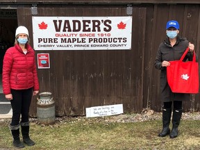 Sue Vader, of Vader's Maple Syrup and Shannon Coull, executive director of the PECMH Foundation are promoting the fact local maple producers, on behalf of the Maple in the County Festival Committee, are raising funds to Back the Build of a new hospital with the sale of Maple in the County To-Go Bags. SUBMITTED PHOTO