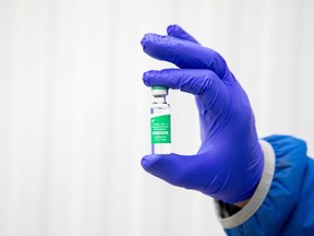 A vial of AstraZeneca coronavirus disease (COVID-19) vaccine doses at a facility in Milton, Ont. March 3.