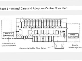 The draft floor plan for the first phase of the Quinte Humane Society's new building places animal kennels around the longest outer edges, with smaller animals and support services, including food preparation and janitorial space, in the centre.