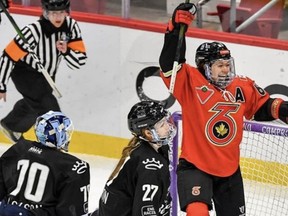 Burford's Emma Woods of the National Women's Hockey League's Toronto Six celebrates a goal.