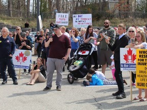 Several hundred people, including many from out of town, attended a No More Lockdowns protest on Saturday, April 10 in Simcoe.