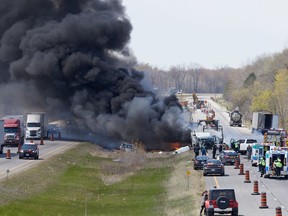 A collision between a tractor trailer and a number of vehicles early Monday afternoon closed the westbound lanes of Highway 403, near Middle Townline Road, in Brant County. OPP said minor injuries were reported. The collision scene is just east of a lane reduction for repairs to a bridge. Photo by Wally Stemberger