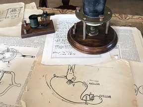 On Alexander Graham Bell's desk in his bedroom at the Bell Homestead National Historic Site is the liquid transmitter and harmonic telegraph receiver used in the first electrical transmission of speech.