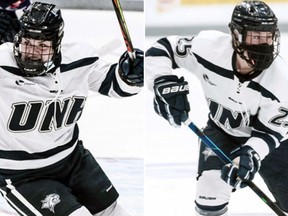 Brantford's Nicole Kelly (left) and Emily Rickwood recently picked up team awards for the University of New Hampshire women's hockey team.