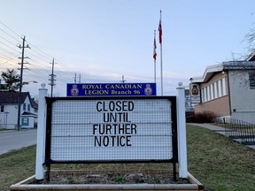 A sign outside Brockville's Royal Canadian Legion branch informs people the facility is closed due to COVID-19 on Sunday. (RONALD ZAJAC/The Recorder and Times)