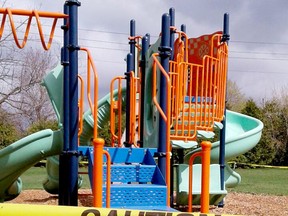 Like play structures across Ontario, this one at Sarah Spencer Park in Prescott was cordoned off Saturday. Town workers reopened the playgrounds on Sunday after the provincial government reversed course on some COVID-19 restrictions. (TIM RUHNKE/The Recorder and Times)