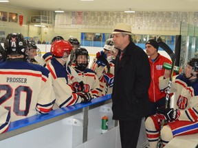 Coach Dennis Van Luit talks to the South Grenville Rangers during their final game at the 2019 Leo Boivin Showcase held in Morrisburg. The annual midget tournament was displaced from its home rink when the ice surface in Prescott was closed the previous summer.
File photo/The Recorder and Times.