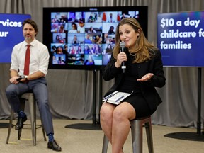 Finance Minister Chrystia Freeland and Prime Minister Justin Trudeau talk to families virtually Wednesday about the child-care initiative proposed in the budget.
